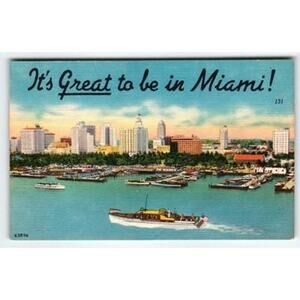 Vintage Linen 'It's Great to be in Miami!' Skyline Postcard K5896 - 1940s-50s